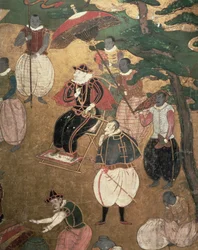 A chegada dos portugueses no Japão, detalhe dos portugueses comandando o desembarque de uma tela de Namban Byobu, 1594-1618